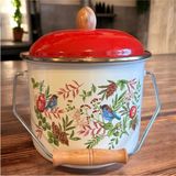 Feyza Design 3 Litre Emaye Bakraç, Kırmızı Çiçek Desenli, Ahşap Kulplu, Kapaklı - Seçenek 1