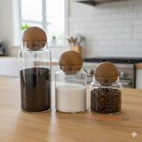 Feyza Design 3'lü Ahşap Top Kapaklı Cam Kavanoz Seti, Çok Amaçlı Saklama Kabı