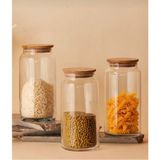 Feyza Design 3’lü Bambu Kapaklı 1300CC Kavanoz Seti, Bakliyat, Çay, Şeker, Tuz, Kahve - Altın