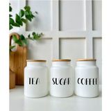 Feyza Design 3’lü Bambu Kapaklı 800 ml Saklama Kavanozu Çay, Şeker, Kahve Seti - Ahşap - Beyaz