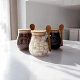 Feyza Design 3’lü Bambu Kapaklı Kavanoz Seti Çay, Şeker ve Kahve Saklama Için - Ahşap - Beyaz