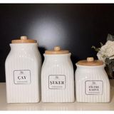 Feyza Design 3'lü Lüx Bambu Kapaklı Kavanoz Seti, Çay, Şeker, Filtre Kahve Için - Ahşap - Beyaz