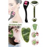 Feyza Design 3’lü Masaj Seti, Yeşil Yeşim Taşı ve Gua Sha ile Cilt Bakımı - Ahşap