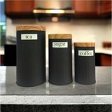 Feyza Design 3'lü Metal Saklama Kabı Seti, Çay, Kahve ve Şeker Kavanozları - Ahşap - Seçenek 1