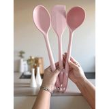 Feyza Design 3'lü Silikon Kepçe ve Spatula Seti, Pembe, 35 Cm, Pratik ve Renkli Tarz - Ahşap - Bej - Seçenek 1