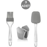 Feyza Design 3'lü Silikon Set: Fırça, Spatula ve Fırın Eldiveni Gri - Seçenek 1