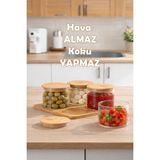 Feyza Design 4'lü Yuvarlak Bambu Standlı Cam Kahvaltılık Seti, Hava Geçirmez 250ML - Ahşap - Seçenek 1