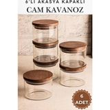 Feyza Design 6’lı 300ML Akasya Kapaklı Cam Kavanoz Seti, Kahvaltılık ve Sosluk Seti - Ahşap - Ceviz