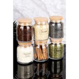 Feyza Design 6'lı Ahşap Vakum Kapaklı Cam Baharatlık Seti, Şeffaf Etiketli, 300 ml - Seçenek 1