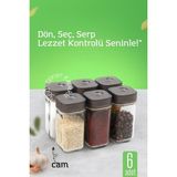 Feyza Design 6'lı Cam Tuzluk Baharatlık, Döner Kapak ve Ayarlanabilir Akış Özelliği - Seçenek 1