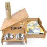 Feyza Design Ahşap Kedi Evi ve Mama Kabı Seti, Isimli, Tırmalama Çubuğu, 2X400ML - Seçenek 1