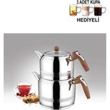 Feyza Design Ahşap Renkli Saplı Midi Boy Çaydanlık Takımı ve Cam Kupa Seti - Açık Bej - Seçenek 1