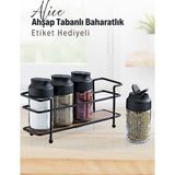 Feyza Design Ahşap Tabanlı Metal Standlı 4’lü Cam Baharatlık Seti, Çift Kapaklı - Seçenek 1