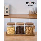 Feyza Design Akasya Ahşap Standlı 3'lü Çizgili Cam Baharatlık Seti Kare 750 ml