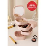 Feyza Design Aynalı Çok Katlı Makyaj ve Takı Organizeri, Şık ve Taşınabilir Düzenleme - Ahşap - Bej