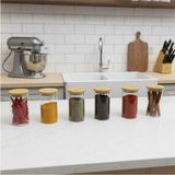 Feyza Design Bambu Kapaklı Cam 6'lı Baharatlık Seti, 400ML, Hediye Stikerli - Ahşap - Ceviz