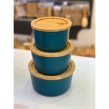 Feyza Design Bambu Kapaklı Granit Saklama Kabı Seti 12/14/16 cm Yeşil - Ahşap - Seçenek 1