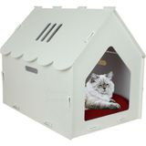 Feyza Design Beyaz Ahşap Kedi Yatağı, 50X35 Cm, Çatılı ve Çizgili Tasarım - Seçenek 1