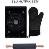 Feyza Design Büyük Boy Siyah Hamur Matı, Merdane ve Fırın Eldiveni 3’lü Set - Cappuccino