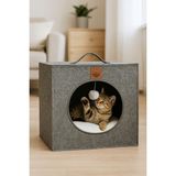 Feyza Design Çift Taraflı Keçe Kedi Yatağı, Kutu Şekli, Çıkarılabilir Minderli (40X40) - Altın - Gri - Seçenek 1
