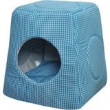 Feyza Design Çok Fonksiyonlu Kareli Mavi Kedi Köpek Yuva Evi - Ahşap - Ceviz - Seçenek 1