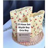 Feyza Design Doğal Balmumu Bez Gıda Saklama Kese Seti, 2'li Kiraz Desenli - Açık Bej - Seçenek 1