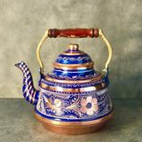 Feyza Design El Işlemeli Nostaljik Çaydanlık, 3,2 Litre Bakır Demlik ve Su Isıtıcı - Ahşap - Ceviz - Seçenek 1