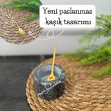 Feyza Design El Yapımı Gri Mermer Baharatlık Seti, Gold Kaşıklı, Tuzluk ve Biberlik - Seçenek 1