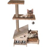 Feyza Design Katlı Çok Amaçlı Kedi Evi, Ahşap Mdf, Tırmalama Çubuğu, Kahverengi, Çelik Kase - Seçenek 1