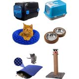 Feyza Design Kedi Için 6 Parça Lüx Başlangıç Seti, Kapalı Tuvalet ve Yataklı Tırmalama - Açık Bej