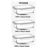 Feyza Design Kilitlemeli Cam Saklama Kabı Seti, 1900CC, Beyaz Kapaklı, 3'lü - Ahşap - Beyaz - Seçenek 1