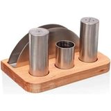 Feyza Design Modern Metal Tuzluk ve Peçetelik Takımı, Ahşap Standlı, 4'lü Set - Seçenek 1