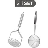 Feyza Design Paslanmaz Çelik Mutfak Seti 26 cm Patates Ezici ve Süzgeç Kepçe - Cappuccino - Seçenek 1