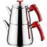 Feyza Design Paslanmaz Çelik Orta Boy Çaydanlık, Dayanıklı ve Şık Tasarım - Ahşap - Beyaz - Seçenek 1