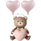 Feyza Design Pembe Kalpli Oturan Ayı ve Folyo Balon Seti - 0,5 x 9 cm - Ahşap - Bej