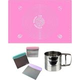 Feyza Design Pembe Silikon Çok Amaçlı Hamur Açma Matı 45X65 Cm, Çelik Un Eleği ve Kesici - Cappuccino