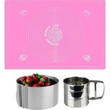 Feyza Design Pembe Silikon Hamur Açma Matı, Çelik Un Eleği ve Ayarlanabilir Pasta Kalıbı - Altın