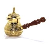Feyza Design Pirinç Türk Kahvesi Cezvesi 6'' Ahşap Saplı, Işlemeli, Dayanıklı, Hediye Seçeneği - Seçenek 1 - Altın