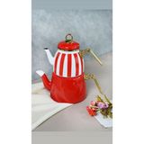 Feyza Design Retro Çizgili Kırmızı Emaye Çaydanlık ve Demlik Seti - Altın - Turkuaz - Seçenek 1