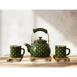 Feyza Design Retro Emaye Çaydanlık ve Kupa Takımı - 6 Parça Puantiyeli Set - Ahşap - Beyaz - Seçenek 1
