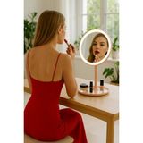 Feyza Design Şarjlı 360° Ayarlanabilir LED Makyaj Aynası, Dokunmatik, 3 Işık Modu, Pudra Pembem - Ahşap - Beyaz
