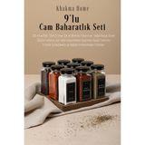 Feyza Design Şık Ahşap Standlı 9'lu Cam Baharatlık Seti, 120 Ml, Siyah Kapak ve Etiket - Seçenek 1
