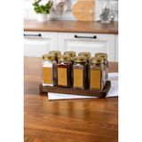Feyza Design Şık Ahşap Standlı Gold Kapaklı Cam Baharatlık Seti 8'li, Etiketli, Modern Tasarım - Seçenek 1