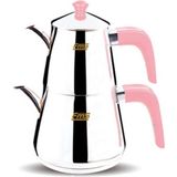 Feyza Design Şık Çelik Çaydanlık, Orta Boy, Piramit Tasarım, Pembe Renk - Ahşap - Bej - Seçenek 1