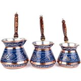 Feyza Design Tombik Bakır Cezve Seti, Mine Işlemeli, 3'lü, Renkli, Şık Tasarım - Seçenek 1 - Ahşap - Ceviz