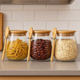 Feyza Design Tombul 3'lü Borosilikat Cam Baharatlık Seti, Bambu Kapaklı, 600 ml - Ahşap