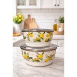 Feyza Design Vakıumlı Emaye Saklama Kabı Seti, Vintage Desenli, 2’li, 14 ve 16 cm - Ahşap - Beyaz - Seçenek 1