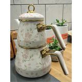 Feyza Design Zarif Desenli Emaye Çaydanlık Takımı, Altın Renkli, 1l ve 2l Kapasiteli - Ahşap - Bej - Seçenek 1