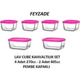 Feyzade Cube Kahvaltılık Saklama Kabı Seti Pembe Kapaklı 2 Adet 405 Cc - 4 Adet 270 Cc
