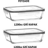 Feyzade Fresco Cam Kilitli Saklama Kabı 2'li Set Dikdötrgen (1200 CC)-(FRS-257) - Gri